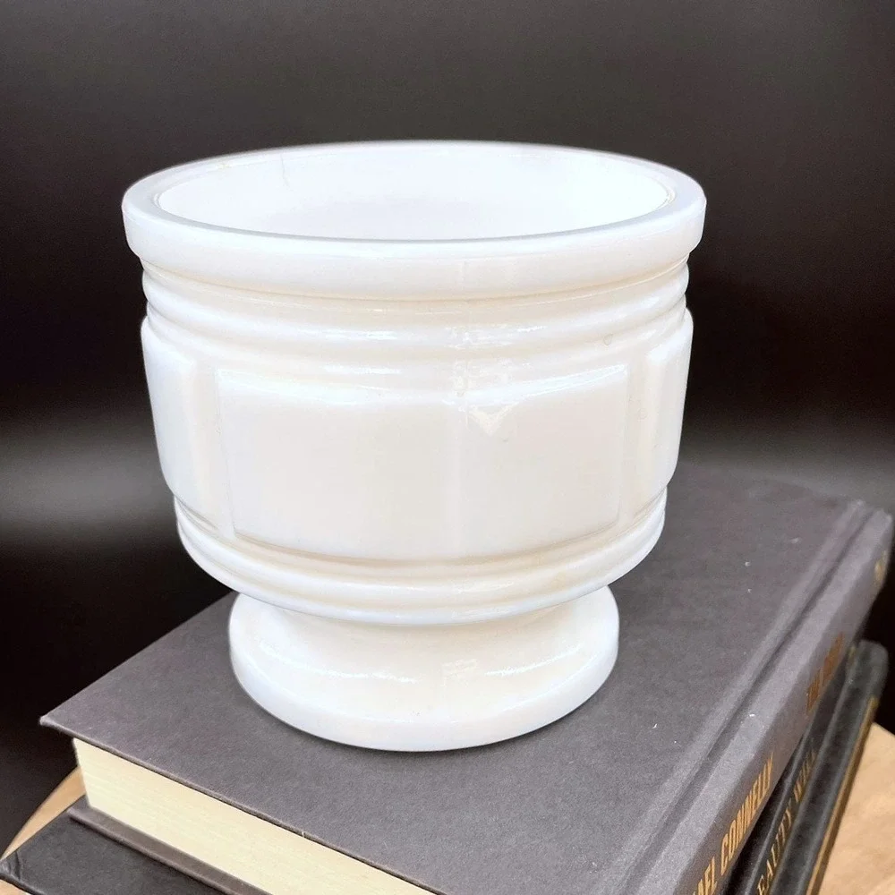Vintage Milk Glass Pedestal Planter - Geometric Vase